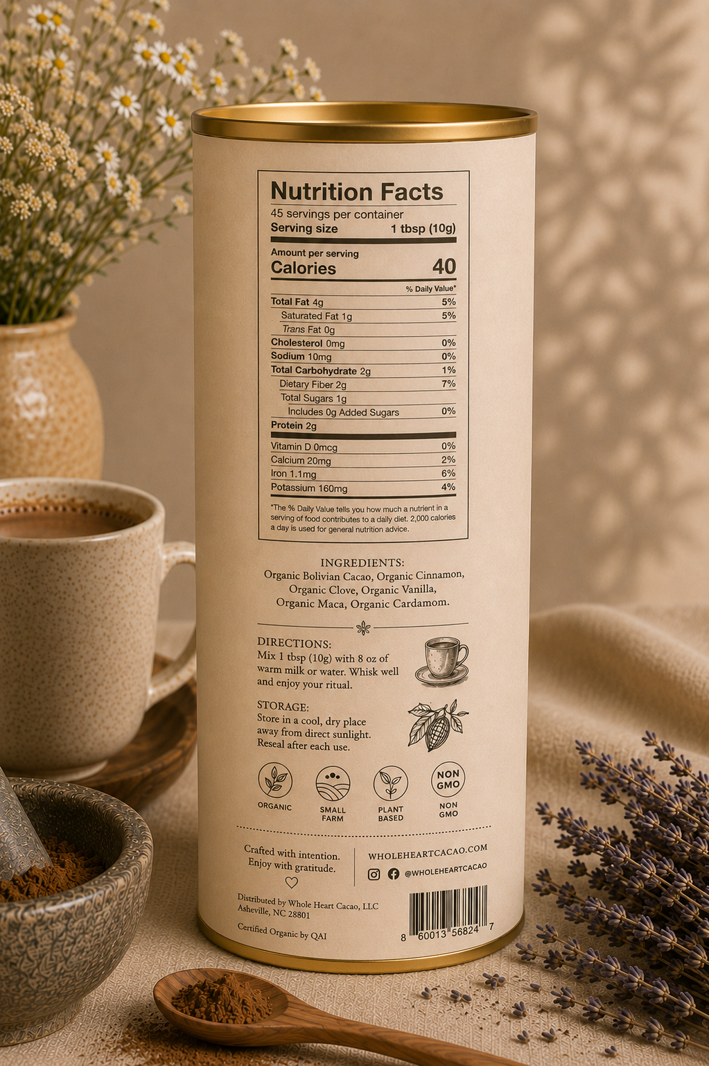 Back label of Whole Heart Cacao Signature ceremonial cacao showing ingredients and nutrition facts.